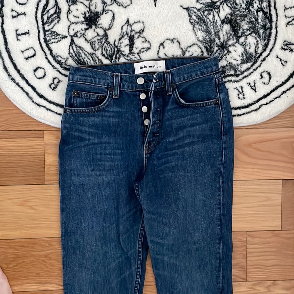 Reformation cropped bootcut high waisted blue denim jeans